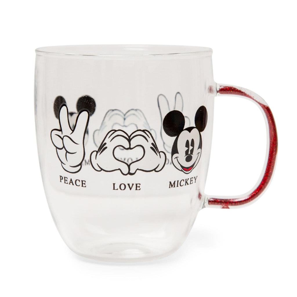 Disney "Peace Love" Mickey Mouse Glitter Handle Glass Mug | Holds 14 Ounces