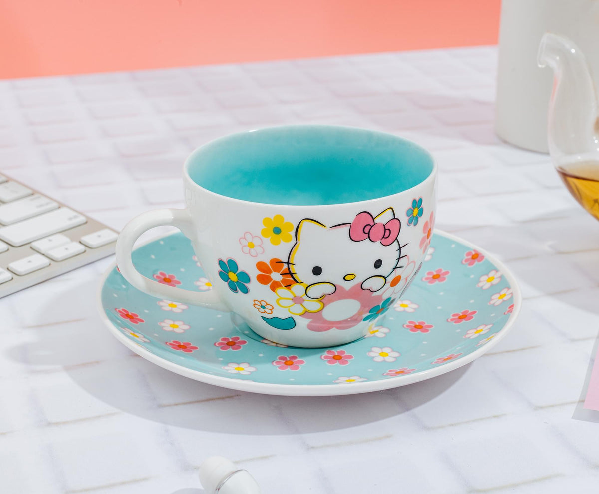 Sanrio Hello Kitty Floral Bone China Teacup and Saucer Set | Holds 7 Ounces