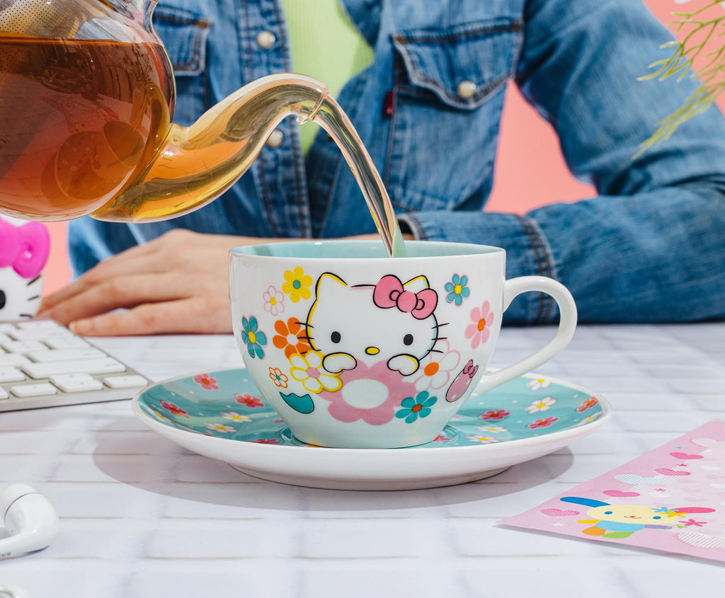 Sanrio Hello Kitty Floral Bone China Teacup and Saucer Set | Holds 7 Ounces