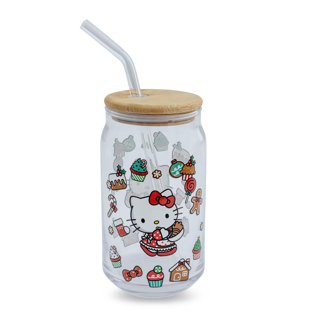 Sanrio Hello Kitty Holiday 16-Ounce Glass Tumbler With Bamboo Lid and Straw