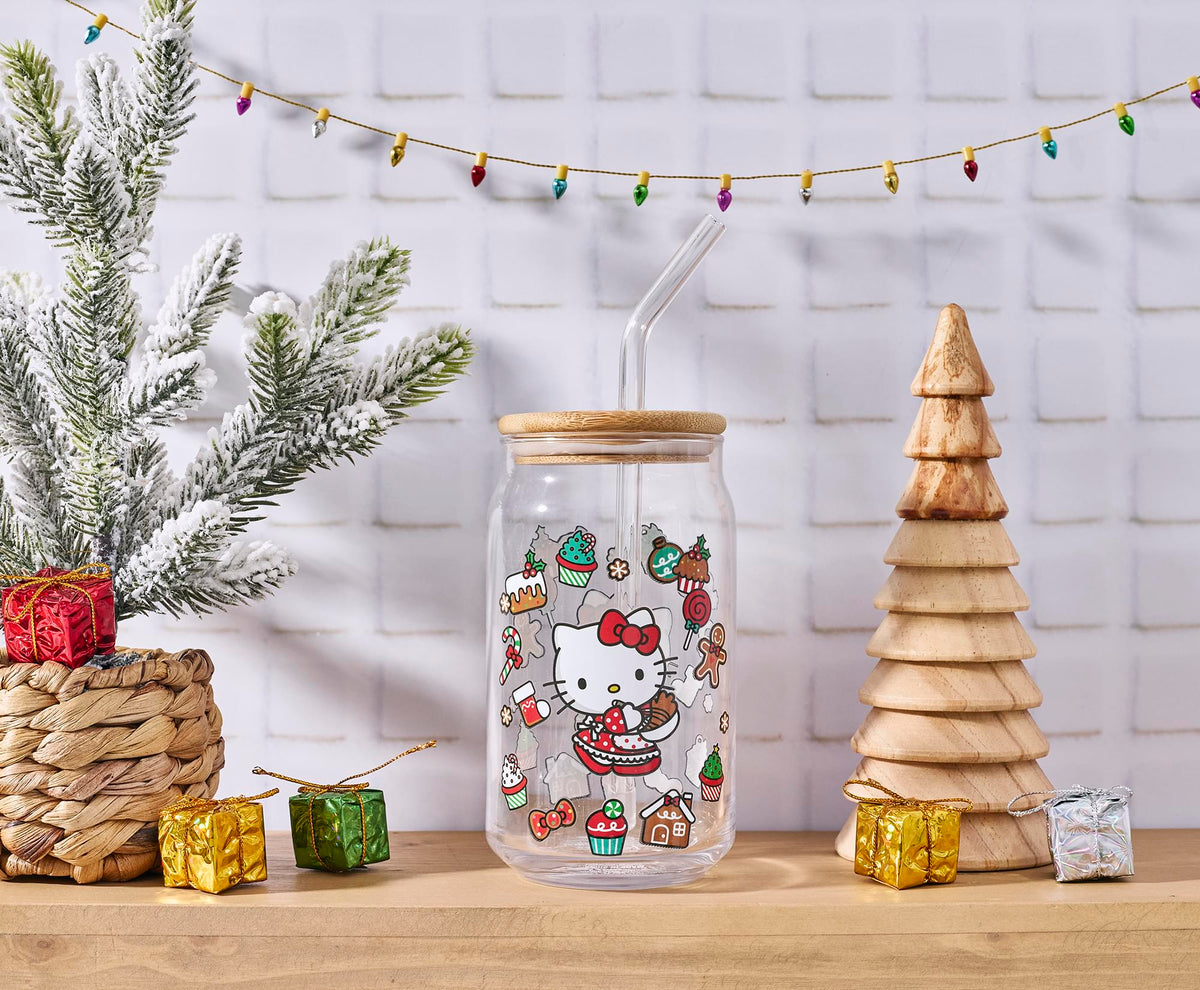 Sanrio Hello Kitty Holiday 16-Ounce Glass Tumbler With Bamboo Lid and Straw