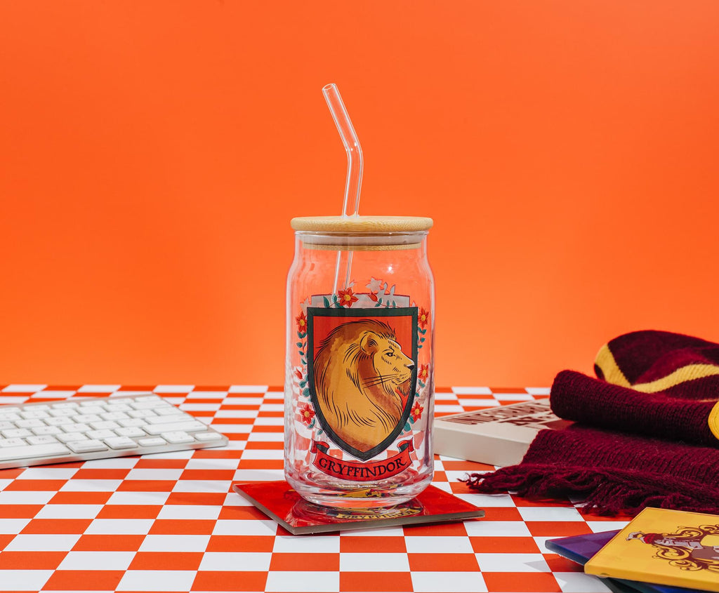 Harry Potter Gryffindor House Mascot Glass Tumbler With Bamboo Lid and Straw