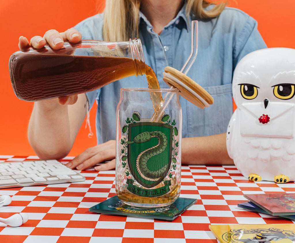 Harry Potter Slytherin House Mascot Glass Tumbler With Bamboo Lid and Straw