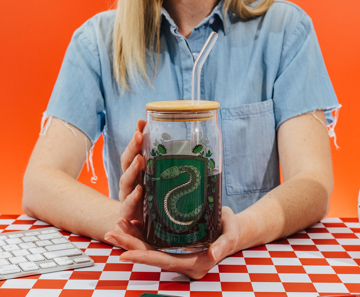 Harry Potter Slytherin House Mascot Glass Tumbler With Bamboo Lid and Straw