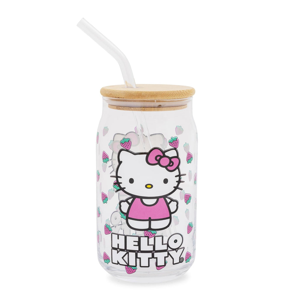 Sanrio Hello Kitty Strawberry 16-Ounce Glass Tumbler With Bamboo Lid and Straw