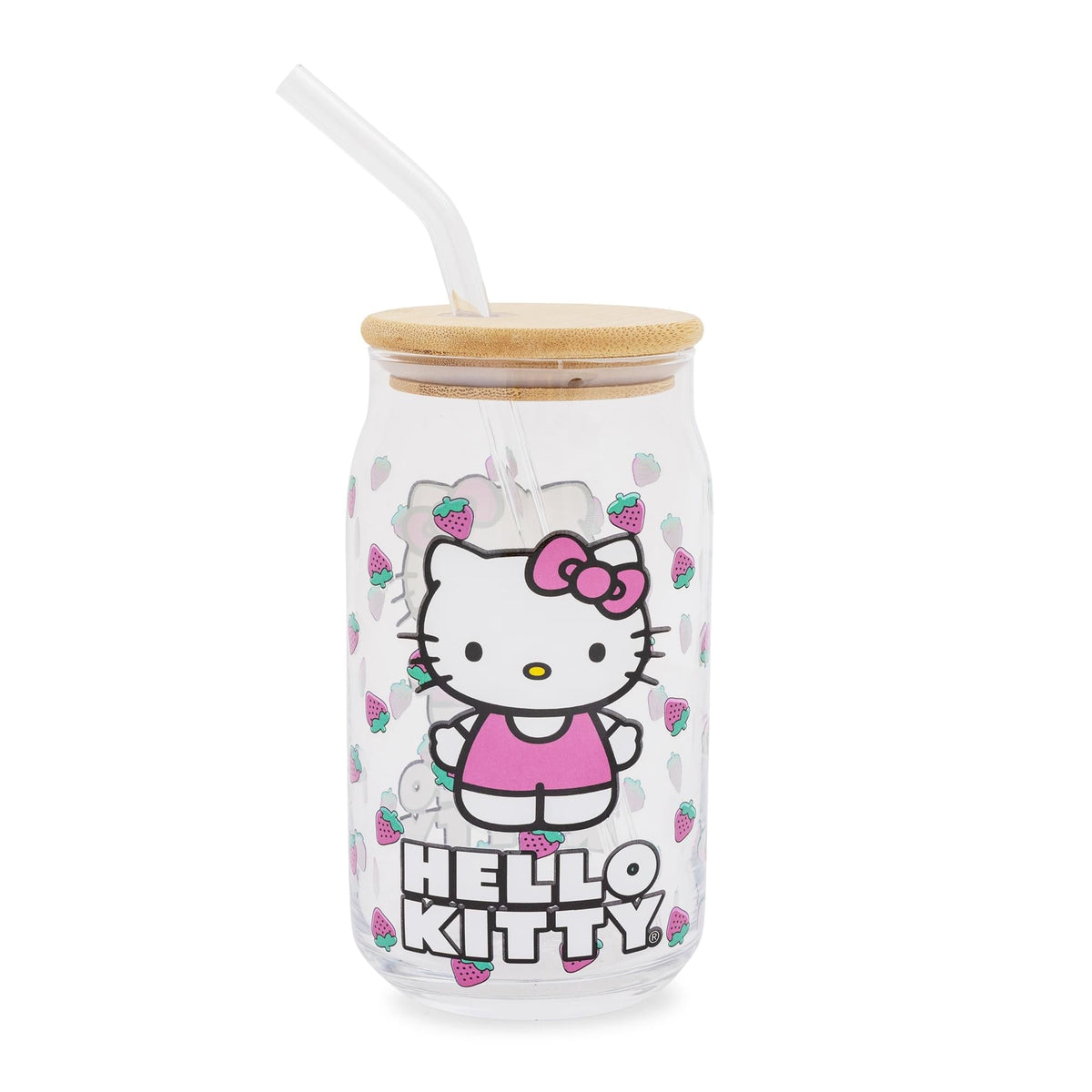 Sanrio Hello Kitty Strawberry 16-Ounce Glass Tumbler With Bamboo Lid and Straw