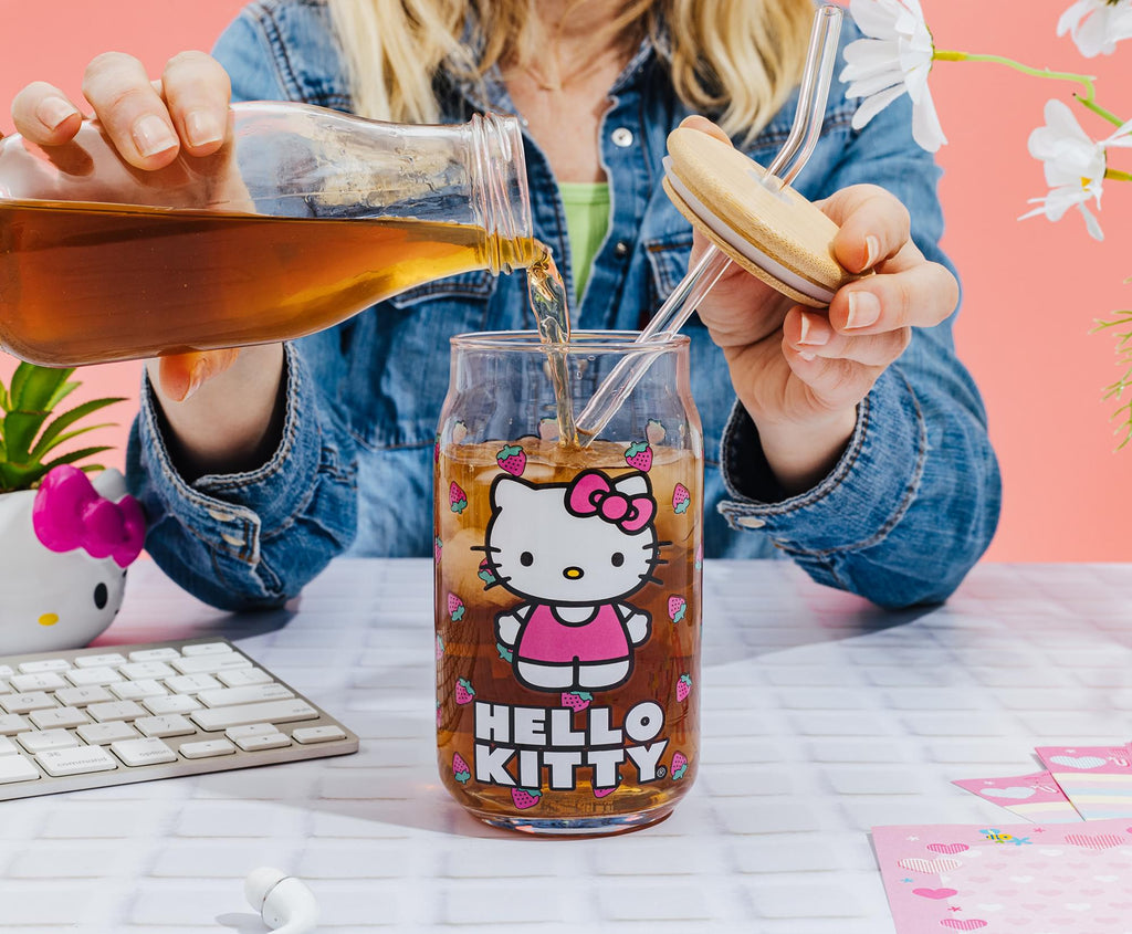 Sanrio Hello Kitty Strawberry 16-Ounce Glass Tumbler With Bamboo Lid and Straw