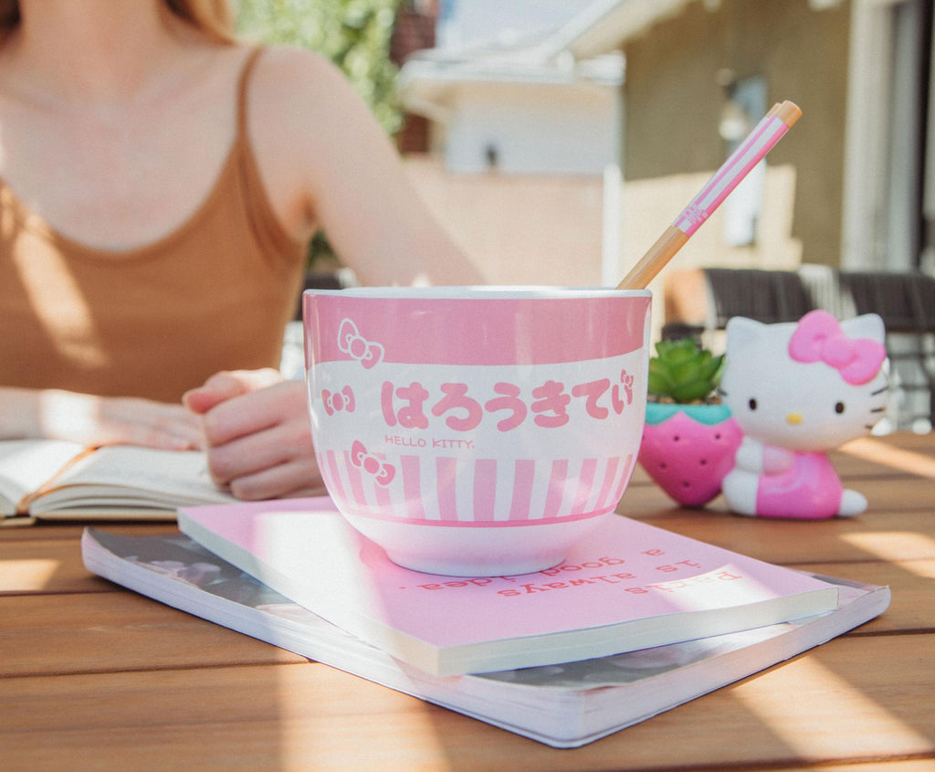 Sanrio Hello Kitty Tokyo Pink Stripes Ramen Bowl with Chopsticks