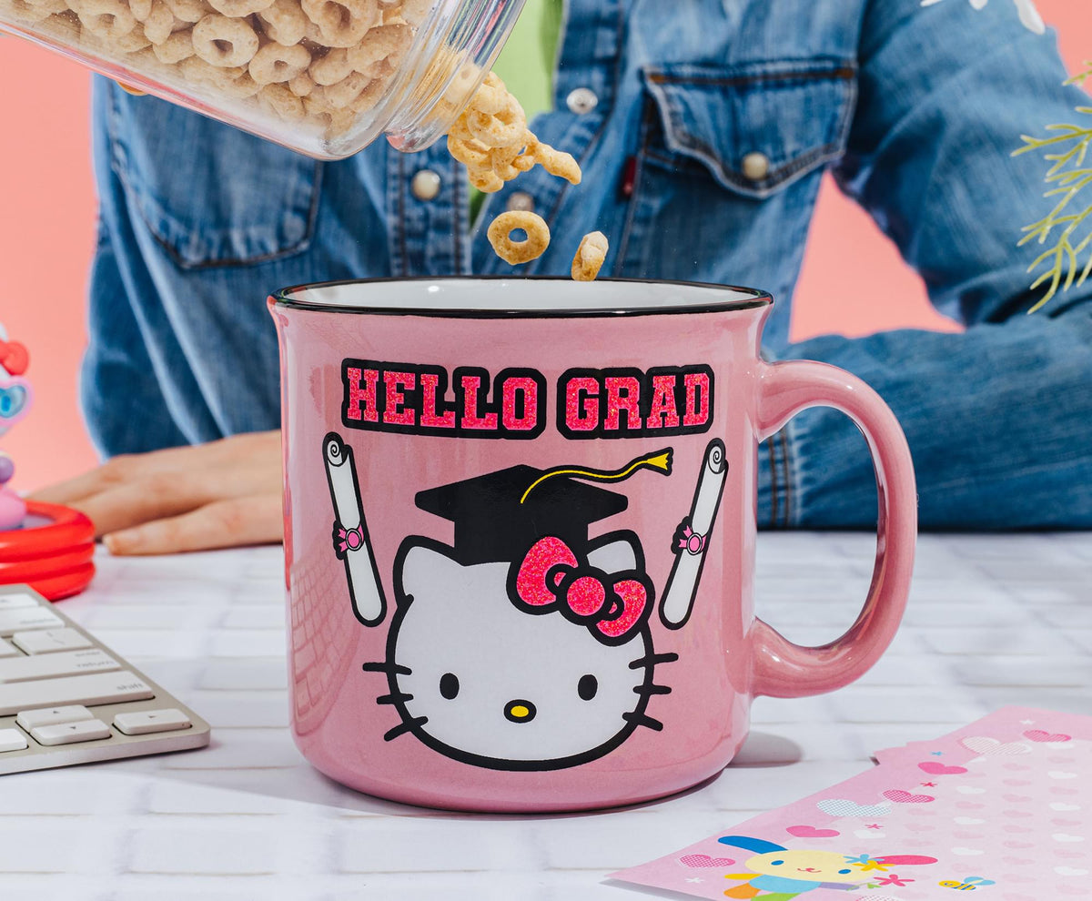 Sanrio Hello Kitty "Hello Grad" Ceramic Glitter Camper Mug | Holds 20 Ounces