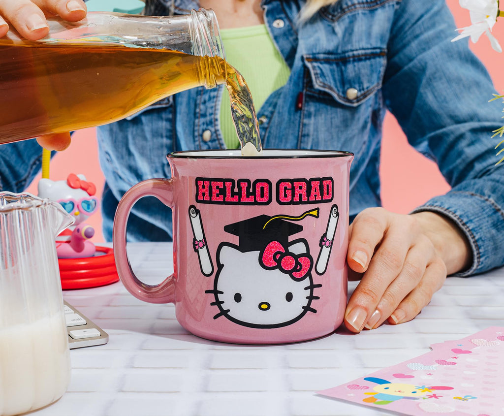 Sanrio Hello Kitty "Hello Grad" Ceramic Glitter Camper Mug | Holds 20 Ounces