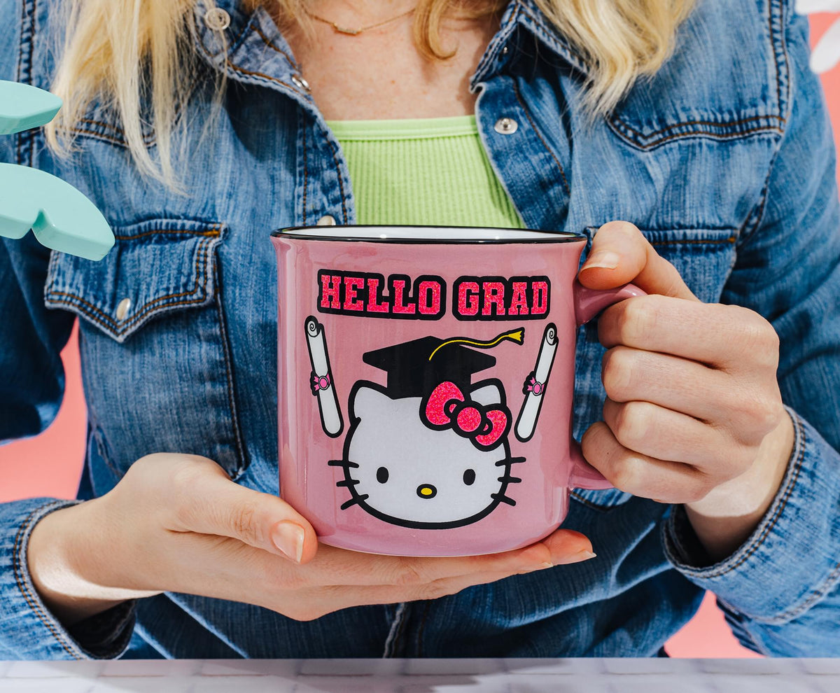 Sanrio Hello Kitty "Hello Grad" Ceramic Glitter Camper Mug | Holds 20 Ounces