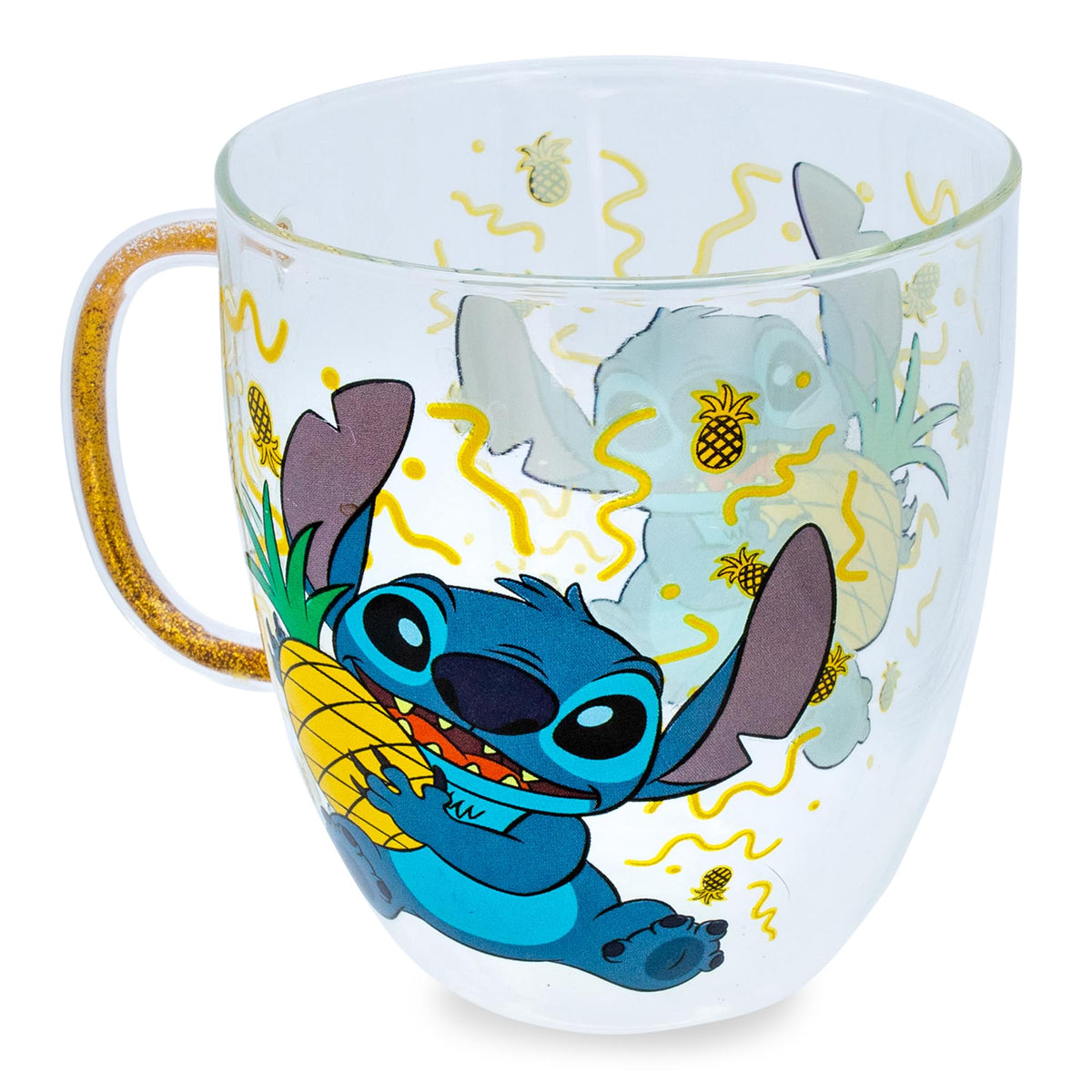 Disney Lilo & Stitch Pineapples Glitter Handle Glass Mug | 14 Ounces