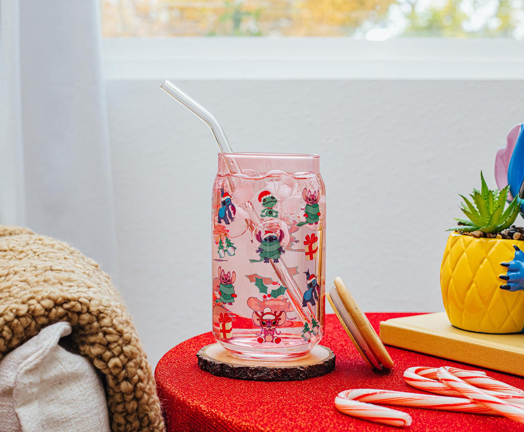 Disney Lilo & Stitch Holiday 16-Ounce Glass Tumbler With Bamboo Lid and Straw