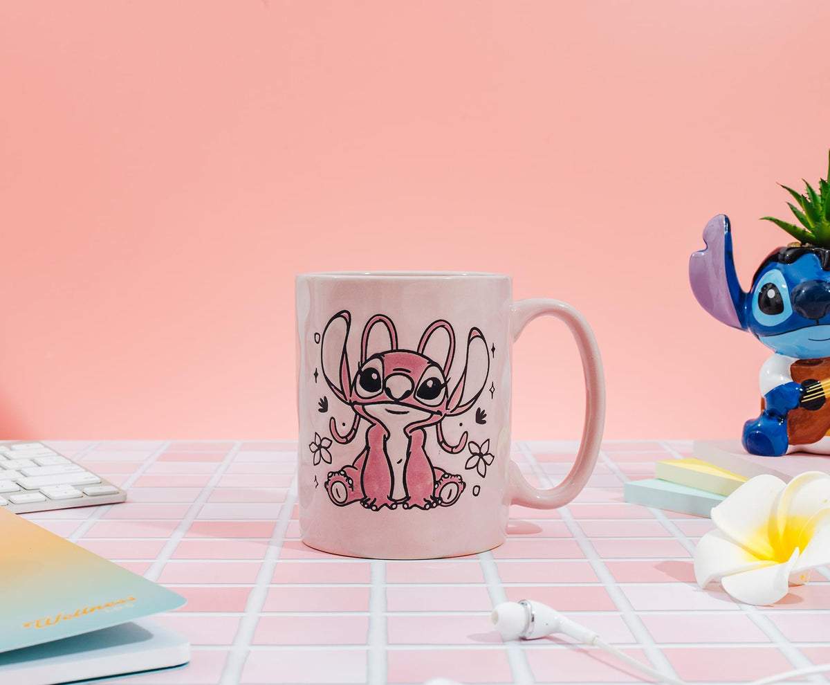 Disney Lilo & Stitch Angel Floral Ceramic Pottery Mug | Holds 17 Ounces