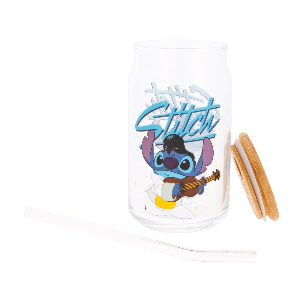 Disney Lilo & Stitch Elvis Stitch 16-Ounce Glass Tumbler With Lid and Straw