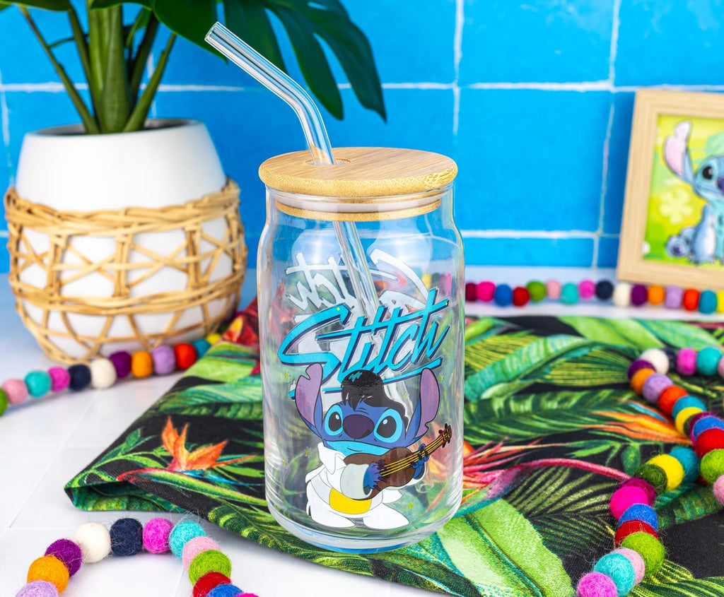 Disney Lilo & Stitch Elvis Stitch 16-Ounce Glass Tumbler With Lid and Straw
