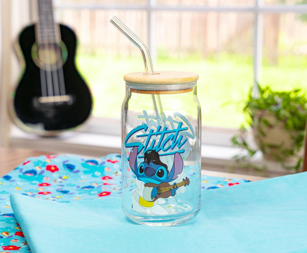 Disney Lilo & Stitch Elvis Stitch 16-Ounce Glass Tumbler With Lid and Straw