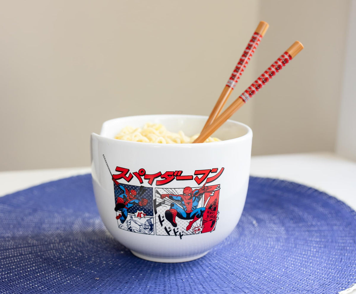 Marvel Spider-Man Japanese Dinnerware Set | 20-Ounce Ramen Bowl, Chopsticks