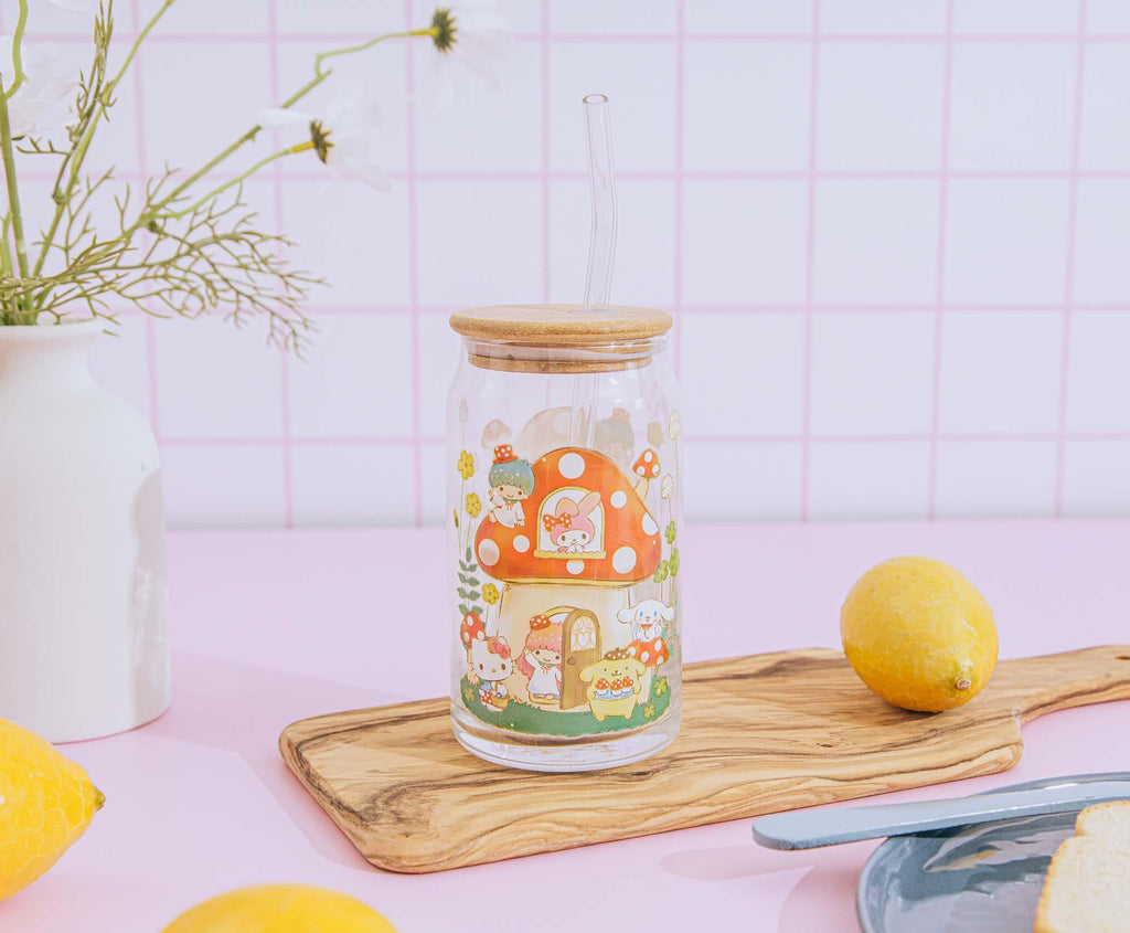 Sanrio Hello Kitty and Friends Mushroom Glass Tumbler With Bamboo Lid and Straw