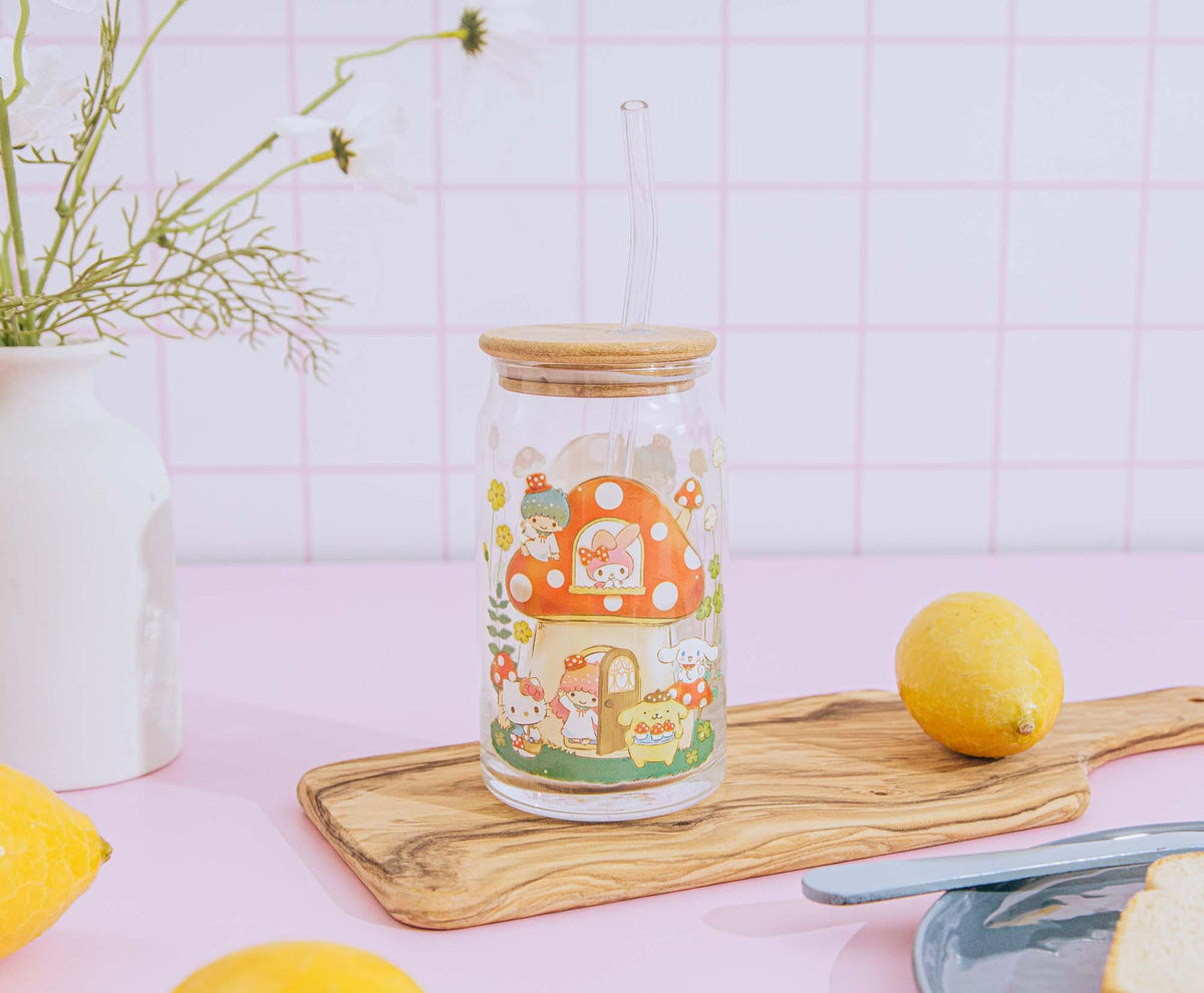 Sanrio Hello Kitty and Friends Mushroom Glass Tumbler With Bamboo Lid and Straw