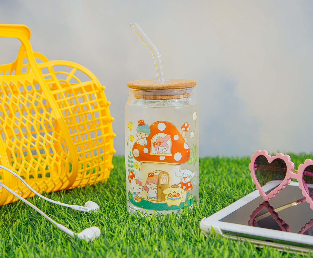 Sanrio Hello Kitty and Friends Mushroom Glass Tumbler With Bamboo Lid and Straw