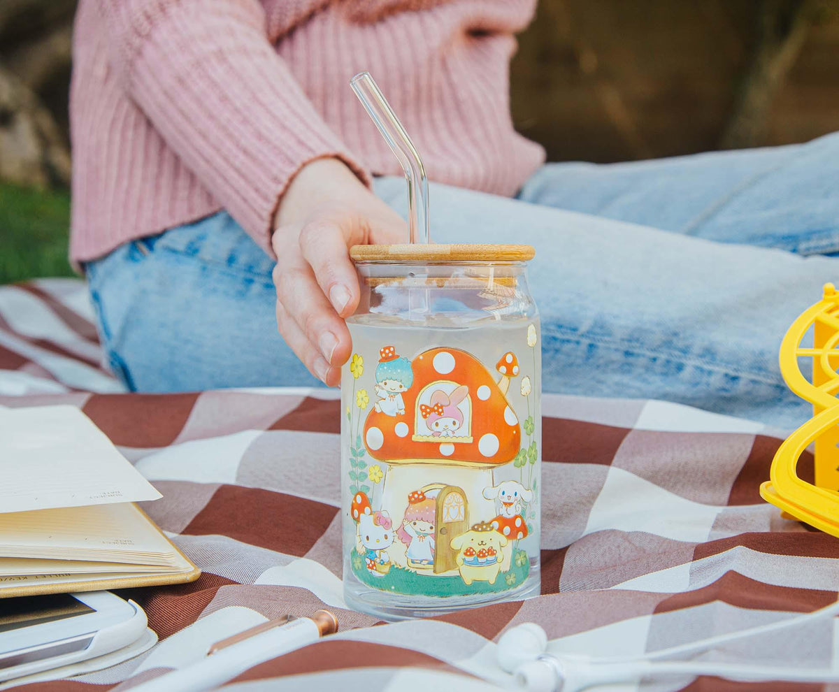 Sanrio Hello Kitty and Friends Mushroom Glass Tumbler With Bamboo Lid and Straw