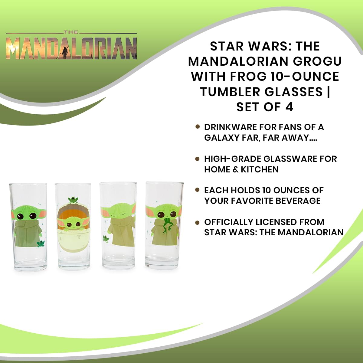 Star Wars: The Mandalorian Grogu With Frog 10-Ounce Tumbler Glasses | Set of 4