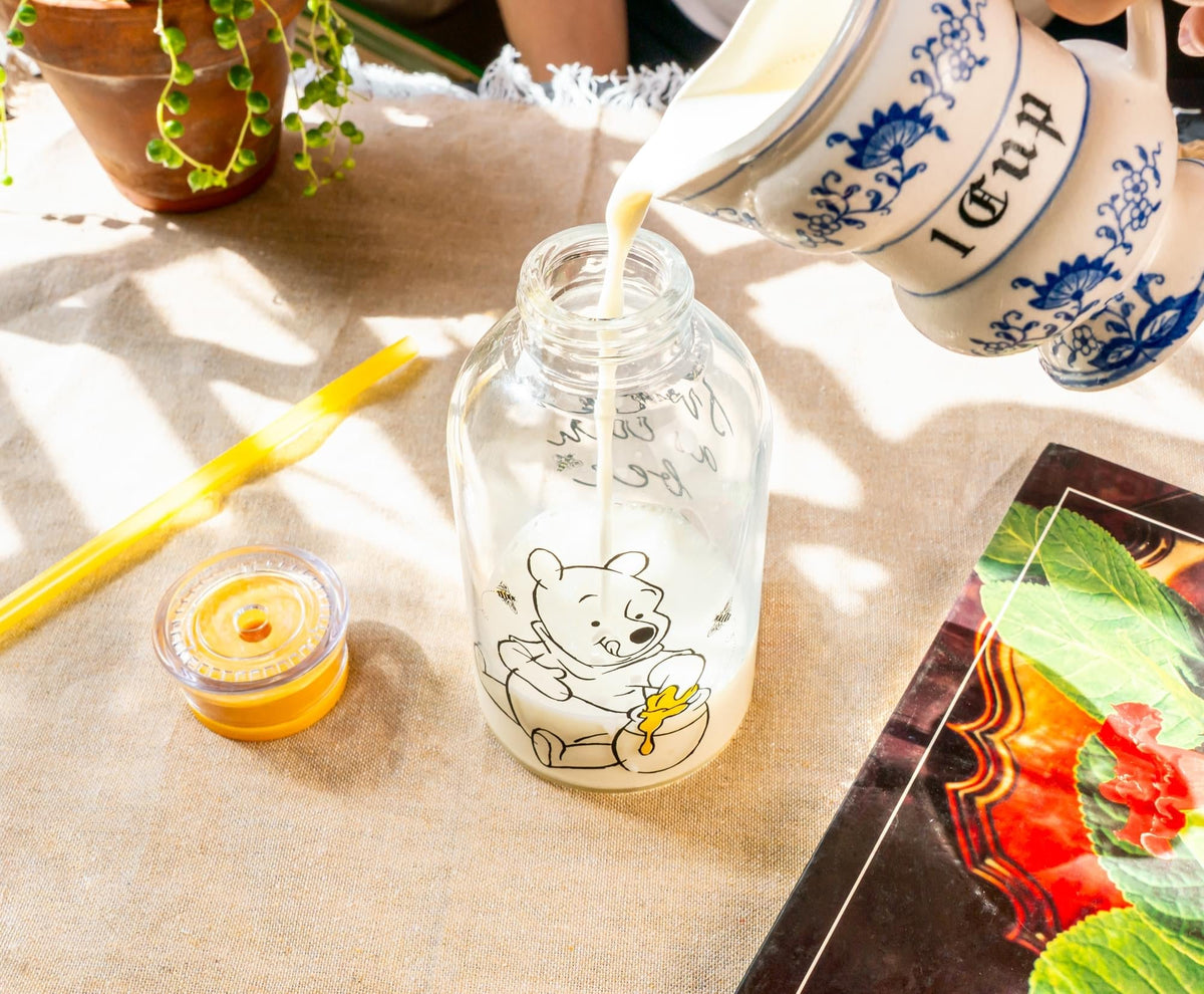 Disney Winnie The Pooh "Sweet As Can Bee" Glass Milk Bottle | Holds 15 Ounces